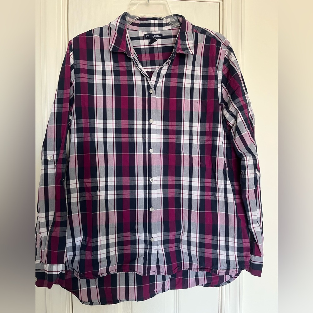 GAP Boyfriend Fit Plaid Tartan Roll Sleeve Button down Shirt Medium  Blue Purple